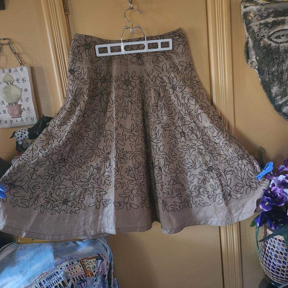 Fabulous 100% Linen Swing Skirt Lined Tan w/ Black Embroidery + Sparkle Beads